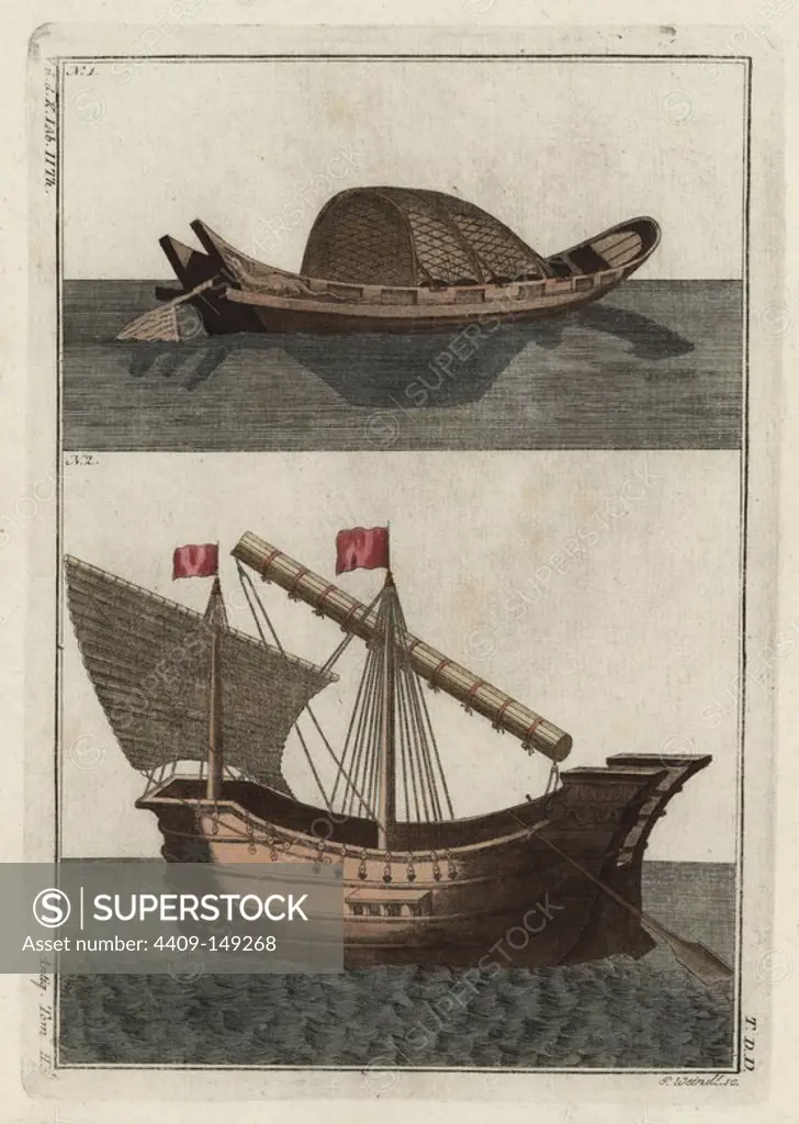 Ancient Egyptian boat (1) and Phoenician vessel (2). Handcolored copperplate engraved by P. Weindl from Robert von Spalart's "Historical Picture of the Costumes of the Principal People of Antiquity and of the Middle Ages," Metz, 1810.