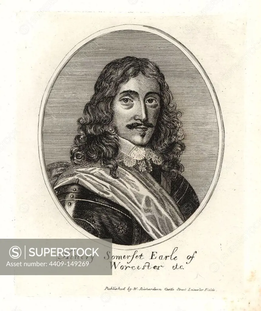 Henry Somerset, Earl of Worcester, 1627. Died 1667, aged 82. From a rare print engraved by Peter Stent. Copperplate engraving from Richardson's "Portraits illustrating Granger's Biographical History of England," London, 17921812. Published by William Richardson, printseller, London. James Granger (17231776) was an English clergyman, biographer, and print collector.