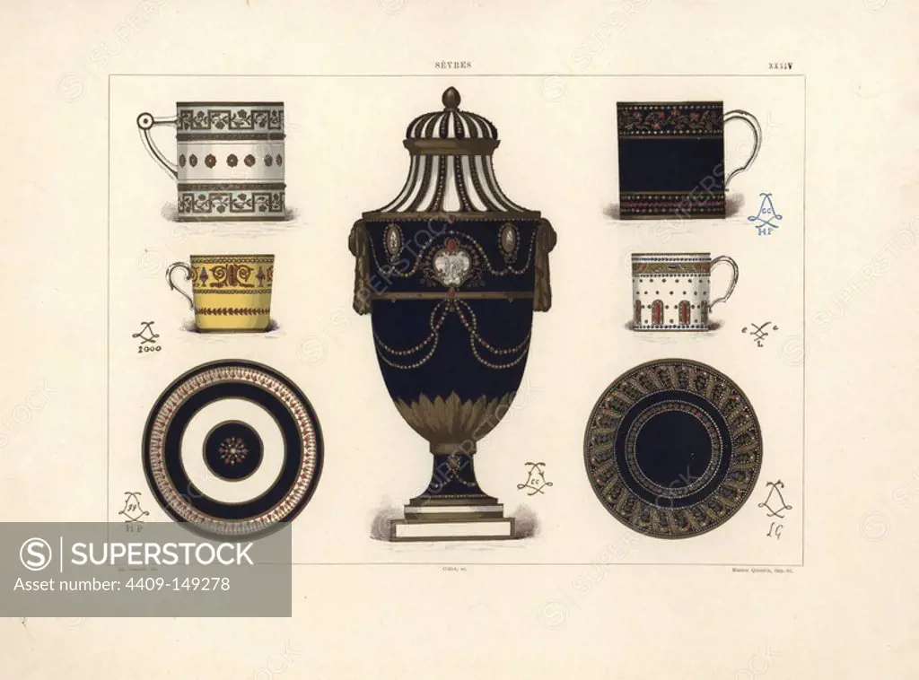 Jewelled Sevres porcelain tea and coffee cups, saucers and vase decorated with enamel (email) in relief on gold plaques. Chromolithograph by Gillot of an illustration by Edouard Garnier from The Soft Paste Porcelain of Sevres, Maison Quantin, Paris, 1891.