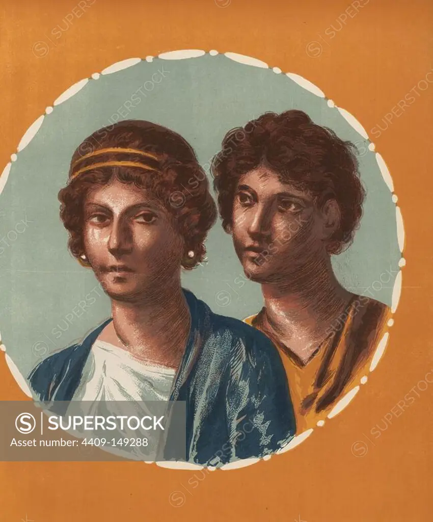 Portrait of a man and woman from an unidentified house in Pompeii. Illustration drawn by Discanno and lithographed by Victor Steeger from Emile Presuhn's "Choix des plus Belles et Interessantes Peintures de Pompei," Weigel, Leipzig, 1882. German archeologist Presuhn (1844-1881) lived in Italy for eight years and, with Mr. Discanno, made exact copies of many wall paintings that are now lost.