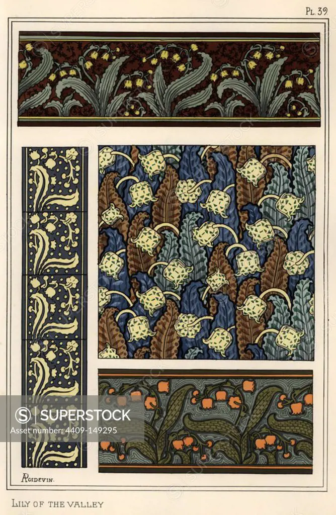 Lily of the valley in patterns for borders, ceramic tiles and stained glass. Lithograph by A. Poidevin with pochoir (stencil) handcoloring from Eugene Grasset's Plants and their Application to Ornament, Paris, 1897. Eugene Grasset (1841-1917) was a Swiss artist whose innovative designs inspired the art nouveau movement at the end of the 19th century.