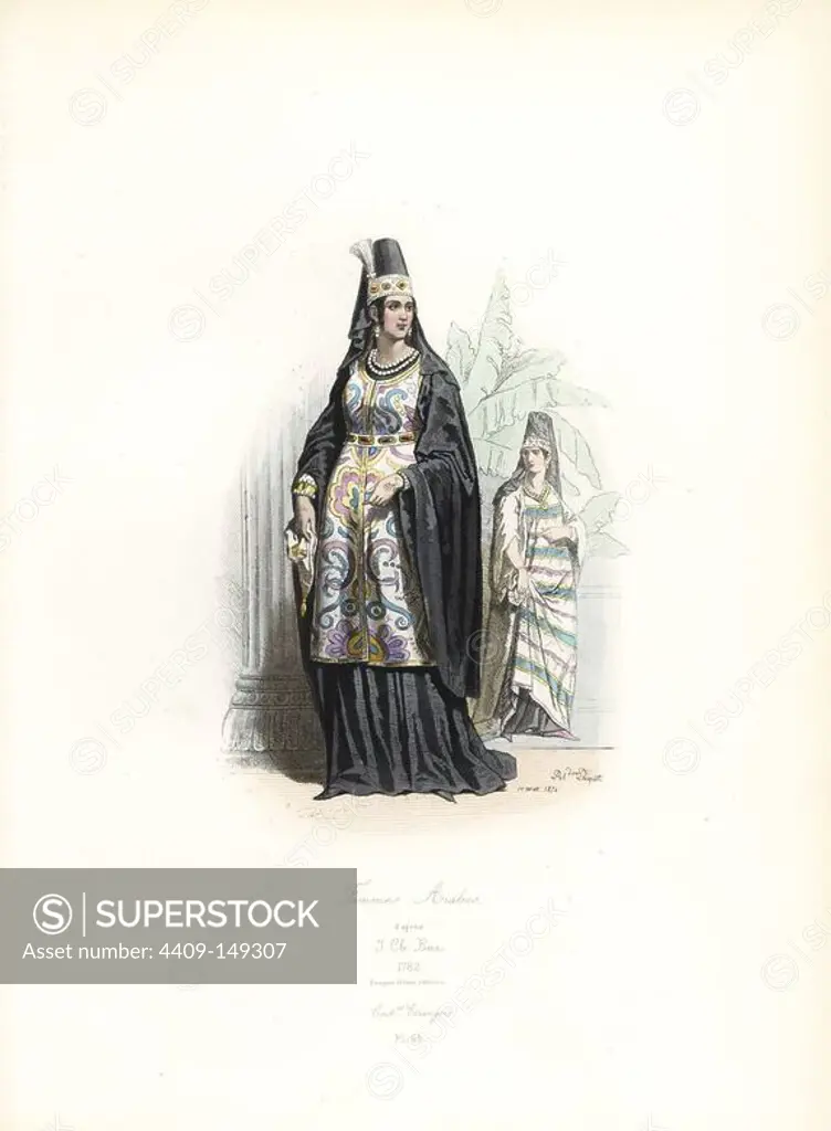 Arab woman, 18th century, after J. Ch. Bar. Handcoloured steel engraving by Polydor Pauquet from the Pauquet Brothers' "Modes et Costumes Etrangers Anciens et Modernes" (Foreign Fashions and Costumes Ancient and Modern), Paris, 1865. Hippolyte (b. 1797) and Polydor Pauquet (b. 1799) ran a successful publishing house in Paris in the 19th century, specializing in illustrated books on costume, birds, butterflies, anatomy and natural history.