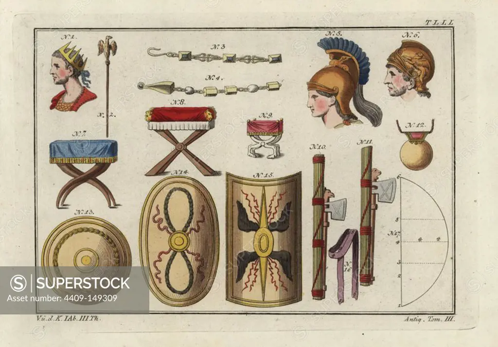 Bust of Trajan, Roman scepter, chains, helmet, Adriens helmet, chairs, fasces, shields, and amulet of young Romans. Handcoloured copperplate engraving from Robert von Spalart's "Historical Picture of the Costumes of the Principal People of Antiquity and of the Middle Ages," Chez Collignon, Metz, 1810.
