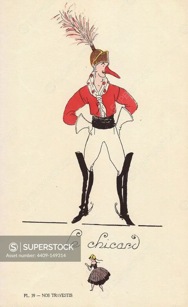 Woman in fancy dress costume as a dandy, le chicard, with plumed hat, false nose, red shirt, white pants and gloves, and high boots with spurs. Lithograph by unknown artist with pochoir stencil handcolouring from "Nos Travestis" (Our Fancy Dress Costumes), Paris, 1928.
