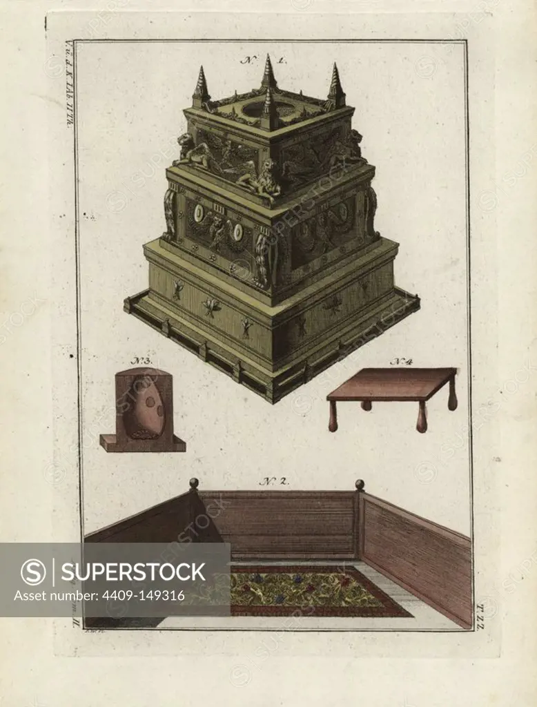 Altar of the Temple of Solomon, Jerusalem, Persian sofa, vase and table. Handcoloured copperplate engraving by Paul Weindl from Robert von Spalart's "Historical Picture of the Costumes of the Principal People of Antiquity and of the Middle Ages," Chez Collignon, Metz, 1810.