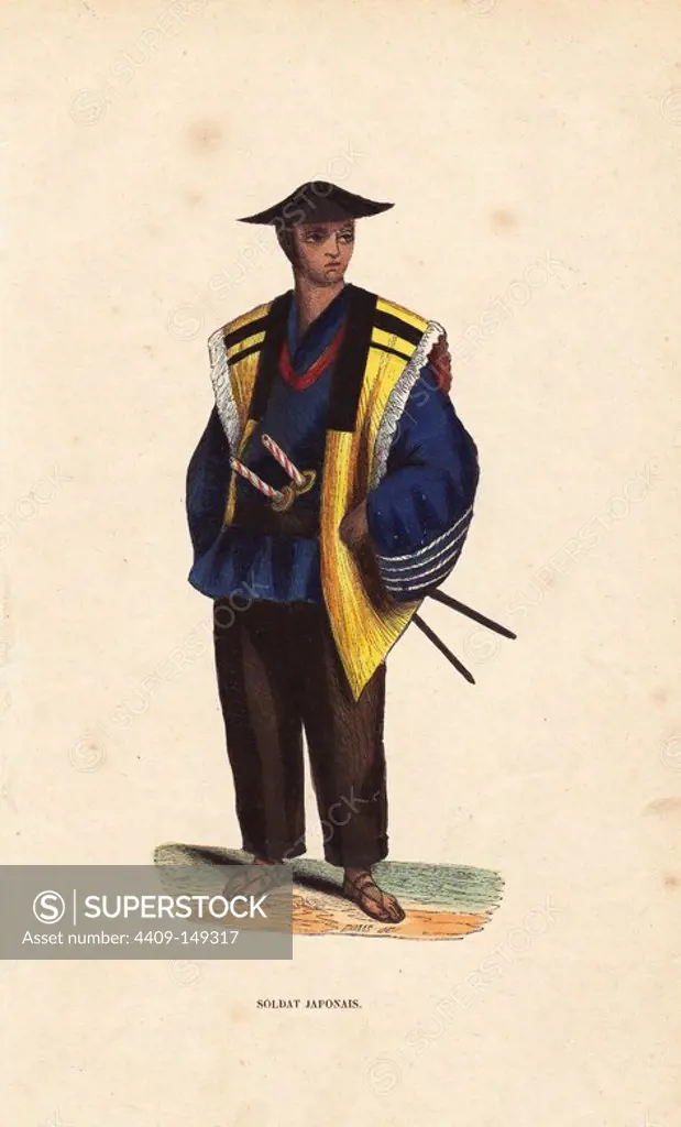 Japanese soldier wearing helmet, jacket, short kimono, trousers and sandals, with two swords in his belt. Handcoloured woodcut by Doms from Auguste Wahlen's "Moeurs, Usages et Costumes de tous les Peuples du Monde," Librairie Historique-Artistique, Brussels, 1845. Wahlen was the pseudonym of Jean-Francois-Nicolas Loumyer (1801-1875), a writer and archivist with the Heraldic Department of Belgium.