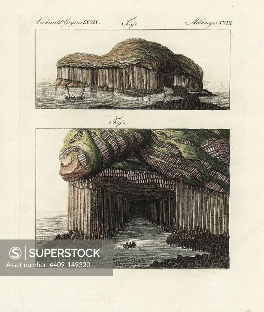 View of the isle of Staffa 1, and basalt columns at the entrance to Fingal's cave 2. Handcoloured copperplate engraving from Bertuch's "Bilderbuch fur Kinder" (Picture Book for Children), Weimar, 1798. Friedrich Johann Bertuch (1747-1822) was a German publisher and man of arts most famous for his 12-volume encyclopedia for children illustrated with 1,200 engraved plates on natural history, science, costume, mythology, etc., published from 1790-1830.