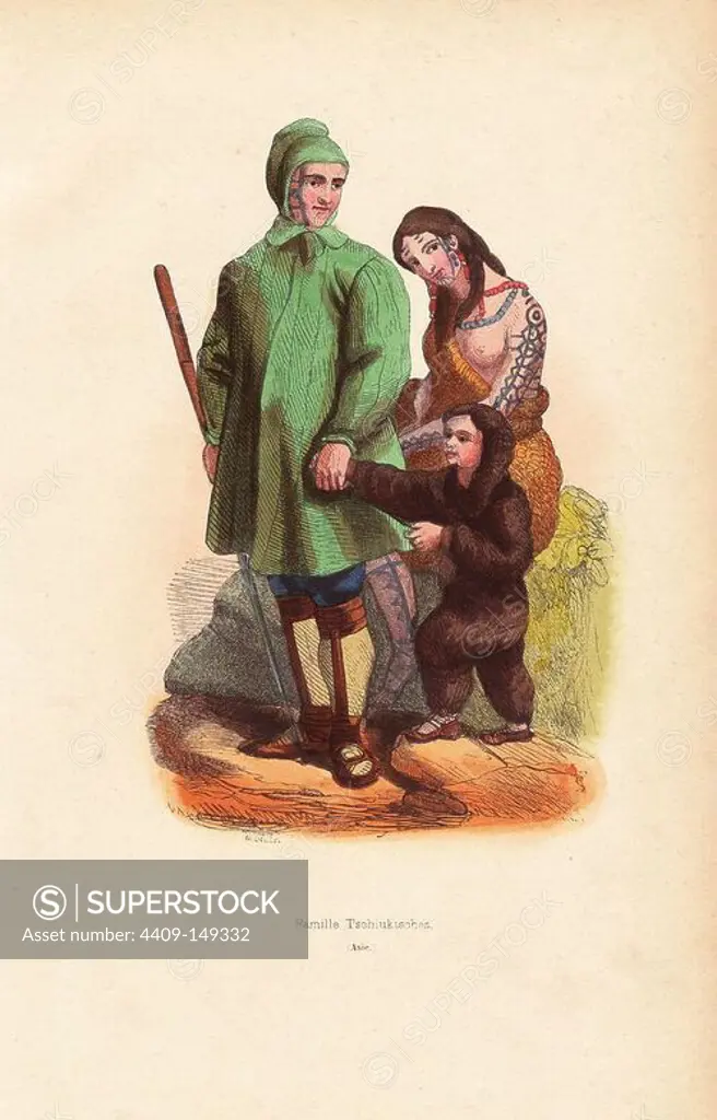 Kamtchadal family with man in hooded coat, woman in animal fur with extensive tattoos, and child in fur bodysuit. Handcoloured woodcut by M. Deley from Auguste Wahlen's "Moeurs, Usages et Costumes de tous les Peuples du Monde," Librairie Historique-Artistique, Brussels, 1845. Wahlen was the pseudonym of Jean-Francois-Nicolas Loumyer (1801-1875), a writer and archivist with the Heraldic Department of Belgium.
