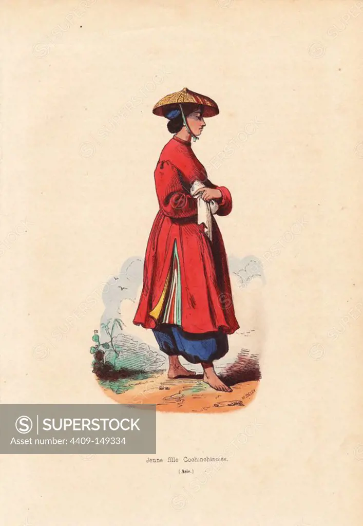 Girl of Cochinchine (Vietnam) in in straw hat, "ao dai" tunic over pantalons. Handcoloured woodcut by M. Deley from an illustration by H. Hendrickx from Auguste Wahlen's "Moeurs, Usages et Costumes de tous les Peuples du Monde," Librairie Historique-Artistique, Brussels, 1845. Wahlen was the pseudonym of Jean-Francois-Nicolas Loumyer (1801-1875), a writer and archivist with the Heraldic Department of Belgium.