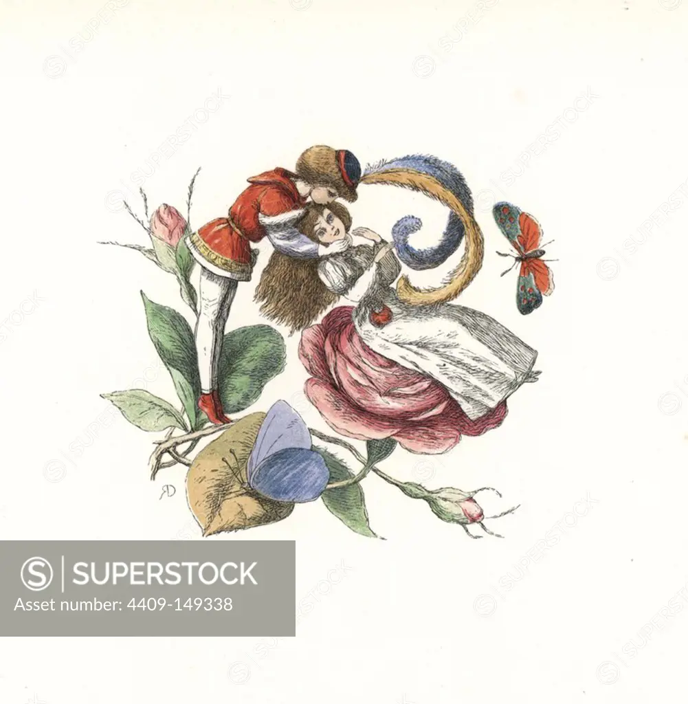 Elf flirting with a fairy on a rose bloom. Handcoloured woodblock print by Edmund Evans after an illustration by Richard Doyle from In Fairyland, a series of Pictures from the Elf World, Longman, London, 1870.