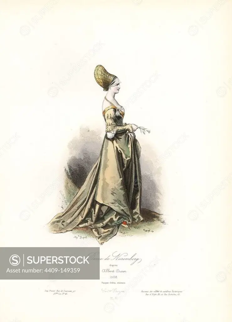 Woman of Nuremberg, after Albrecht Durer, 1508. Handcoloured steel engraving by Hippolyte Pauquet from the Pauquet Brothers' "Modes et Costumes Etrangers Anciens et Modernes" (Foreign Fashions and Costumes Ancient and Modern), Paris, 1865. Hippolyte (b. 1797) and Polydor Pauquet (b. 1799) ran a successful publishing house in Paris in the 19th century, specializing in illustrated books on costume, birds, butterflies, anatomy and natural history.