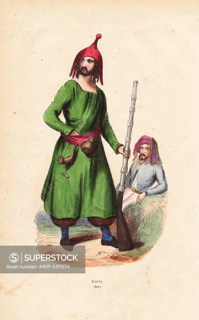 Kurdish man with musket and powder horn, wearing a distinctive hat, tunic and pantaloons. Another man smoking a pipe wearing a turban. Handcoloured woodcut by Mercier from Auguste Wahlen's "Moeurs, Usages et Costumes de tous les Peuples du Monde," Librairie Historique-Artistique, Brussels, 1845. Wahlen was the pseudonym of Jean-Francois-Nicolas Loumyer (1801-1875), a writer and archivist with the Heraldic Department of Belgium.