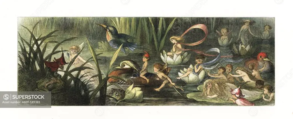 Water lilies and water fairies of the period. Water nymphs on lilypads and lily boats drawn by kingfishers, ducks and flying goblins. Handcoloured woodblock print by Edmund Evans after an illustration by Richard Doyle from In Fairyland, a series of Pictures from the Elf World, Longman, London, 1870.