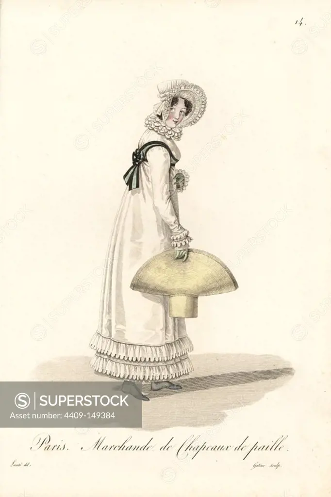 Straw hat seller, Paris, early 19th century, in white dress with frilled cuffs and hem, lace collar and bonnet. Handcoloured copperplate engraving by Gatine after an illustration by Louis-Marie Lante from "Ouvrieres de Paris" (Tradeswomen of Paris), Paris, 1823.