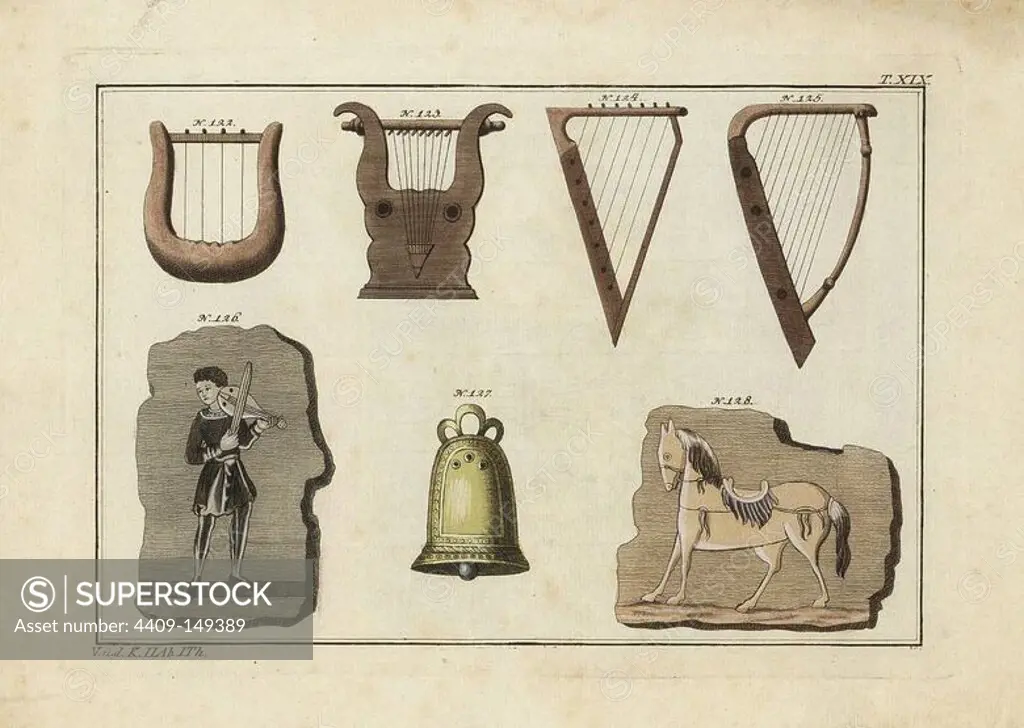 Anglo Saxon lyres 122, 123, harps 124, 125, violin 126, bell 127 and horse with bridle and saddle 128. Handcoloured copperplate engraving from Robert von Spalart's "Historical Picture of the Costumes of the Principal People of Antiquity and of the Middle Ages," Chez Collignon, Metz, 1810.