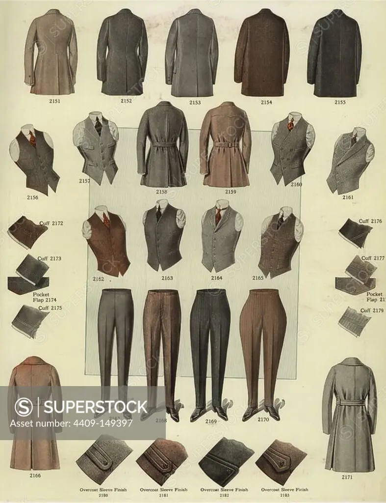 Men's fashions from the 1920s, including overcoats, vests, waistcoats, trousers and spats and details of cuffs. Chromolithograph from a catalog of male winter fashions from Bruner Woolens, 1920.