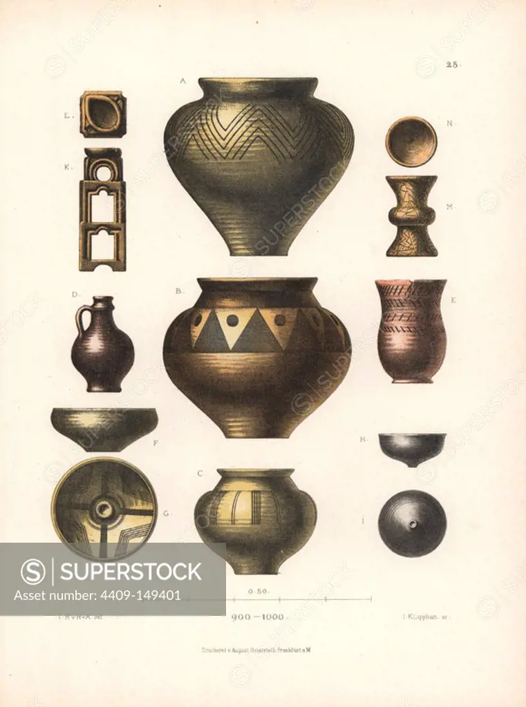 Examples of German pottery from the 10th century. Chromolithograph from Hefner-Alteneck's "Costumes, Artworks and Appliances from the Middle Ages to the 17th Century," Frankfurt, 1879. Illustration by Dr. Jakob Heinrich von Hefner-Alteneck, lithographed by Joh. Klipphahn, and published by Heinrich Keller. Hefner-Alteneck (1811 - 1903) was a German museum curator, archaeologist, art historian, illustrator and etcher.