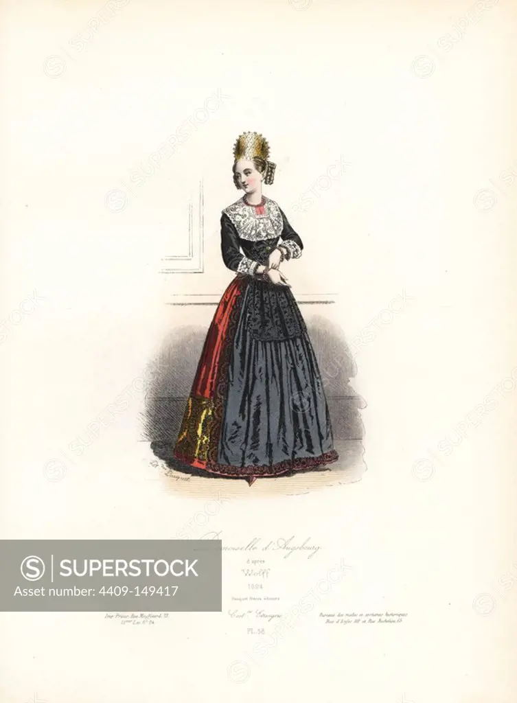 Girl of Augsburg, 17th century, after Wolff. Handcoloured steel engraving by Polydor Pauquet from the Pauquet Brothers' "Modes et Costumes Etrangers Anciens et Modernes" (Foreign Fashions and Costumes Ancient and Modern), Paris, 1865. Hippolyte (b. 1797) and Polydor Pauquet (b. 1799) ran a successful publishing house in Paris in the 19th century, specializing in illustrated books on costume, birds, butterflies, anatomy and natural history.