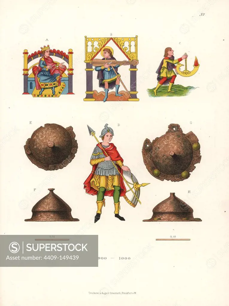 A king on his throne, David with a lute, and a man with a lamp from a 10thC illuminated psalter on parchment in Stuttgart library. A warrior with spear and shield in the center (from a parchment in Brussels library) and shields and buckles. Chromolithograph from Hefner-Alteneck's "Costumes, Artworks and Appliances from the Middle Ages to the 17th Century," Frankfurt, 1879. Illustration by Dr. Jakob Heinrich von Hefner-Alteneck and published by Heinrich Keller. Hefner-Alteneck (1811 - 1903) was a German museum curator, archaeologist, art historian, illustrator and etcher.
