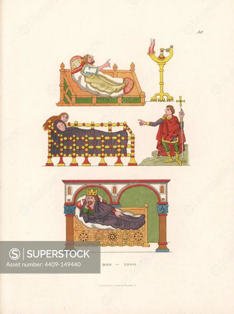 Bedridden figures (including King David on a day bed below) illustrating the Psalms from an illuminated psalter on parchment in Stuttgart library, 10th century. Chromolithograph from Hefner-Alteneck's "Costumes, Artworks and Appliances from the Middle Ages to the 17th Century," Frankfurt, 1879. Illustration by Dr. Jakob Heinrich von Hefner-Alteneck and published by Heinrich Keller. Hefner-Alteneck (1811 - 1903) was a German museum curator, archaeologist, art historian, illustrator and etcher.
