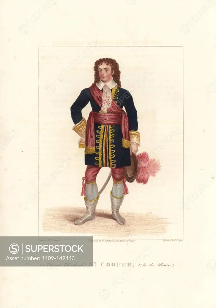 Mr. John Cooper as Clement Cleveland in "The Pirate" at the Theatre Royal Drury Lane. Handcoloured stipple copperplate engraving by Robert Cooper after a painting by Michael William Sharp. From D. Terry's "British Theatrical Gallery," London, Henry Berthoud Jr., 1825.