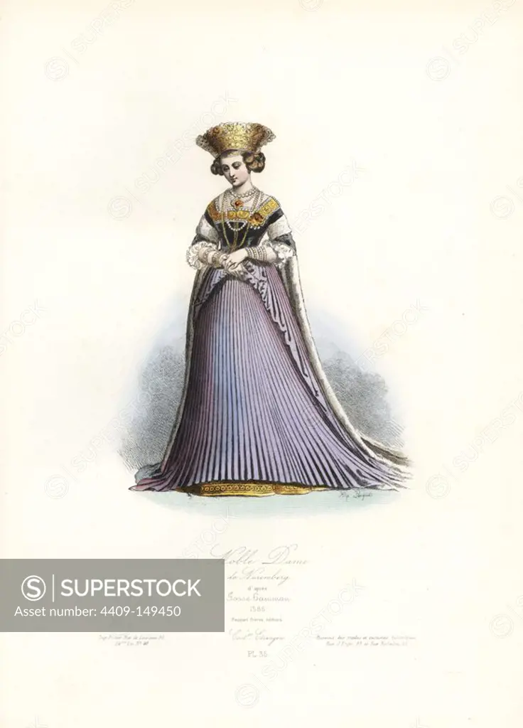 Noblewoman of Nuremberg, after Josse Amman, 1586. Handcoloured steel engraving by Hippolyte Pauquet from the Pauquet Brothers' "Modes et Costumes Etrangers Anciens et Modernes" (Foreign Fashions and Costumes Ancient and Modern), Paris, 1865. Hippolyte (b. 1797) and Polydor Pauquet (b. 1799) ran a successful publishing house in Paris in the 19th century, specializing in illustrated books on costume, birds, butterflies, anatomy and natural history.