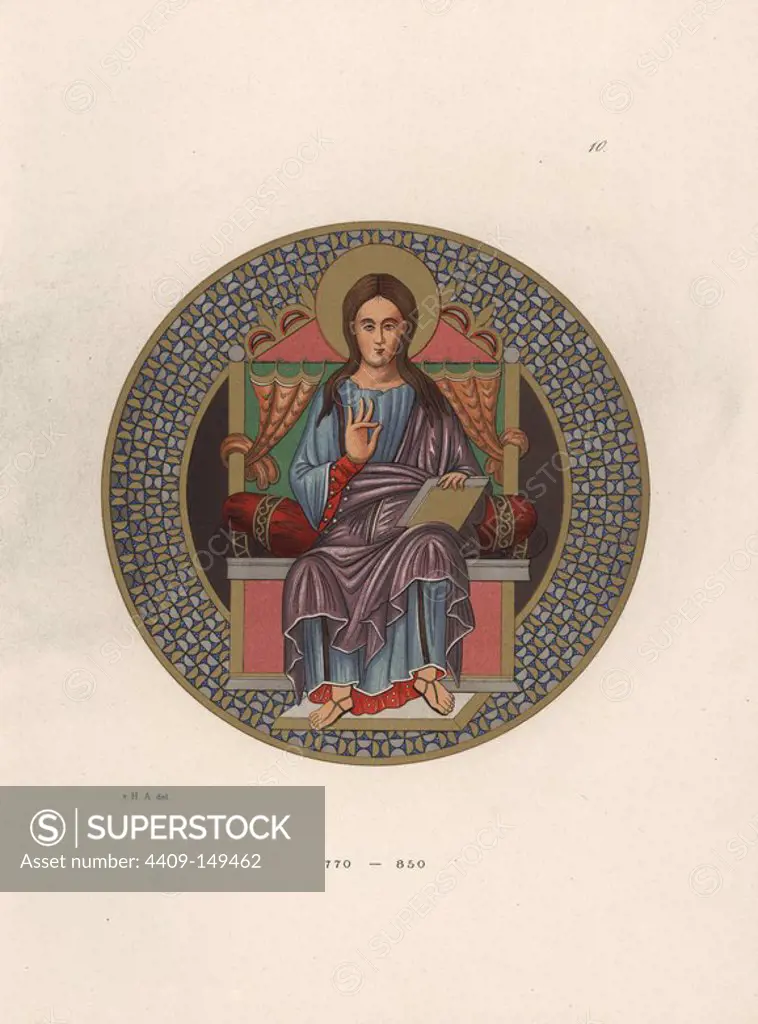Unknown queen on her throne, or holy figure with halo, 770-850AD. Chromolithograph from Hefner-Alteneck's "Costumes, Artworks and Appliances from the Middle Ages to the 17th Century," Frankfurt, 1879. Illustration by Dr. Jakob Heinrich von Hefner-Alteneck, lithographed by Joh. Klipphahn, and published by Heinrich Keller. Dr. Hefner-Alteneck (1811 - 1903) was a German museum curator, archaeologist, art historian, illustrator and etcher.