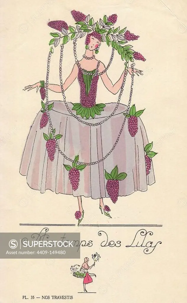 Woman in fancy dress costume as lilac flowers, Au temps des lilas, in lilac dress with bodice and hat decorated with flowers. Inspired by a poem by Maurice Bouchor. Lithograph by unknown artist with pochoir stencil handcolouring from "Nos Travestis" (Our Fancy Dress Costumes), Paris, 1928.