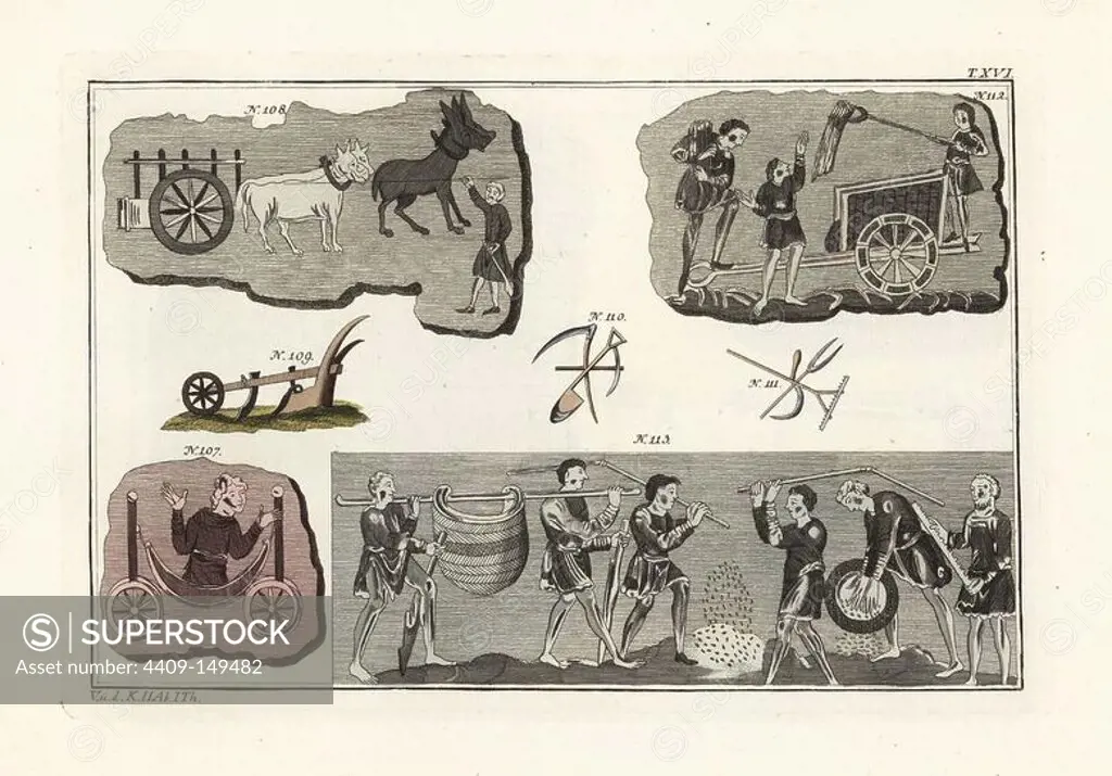Anglo Saxon agriculture: four-wheel wagon 107, two-wheel wagon 108, plough 109, shovel, scythe and hammer 110, sickle, rake and fork 111, harvest cart 112, and farm workers threshing grain. Handcoloured copperplate engraving by Paul Weindl from Robert von Spalart's "Historical Picture of the Costumes of the Principal People of Antiquity and of the Middle Ages," Chez Collignon, Metz, 1810.