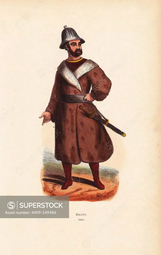 Aleutian man in helmet, long coat and boots, wearing a straight sword from his belt. Handcoloured woodcut by Doms from Auguste Wahlen's "Moeurs, Usages et Costumes de tous les Peuples du Monde," Librairie Historique-Artistique, Brussels, 1845. Wahlen was the pseudonym of Jean-Francois-Nicolas Loumyer (1801-1875), a writer and archivist with the Heraldic Department of Belgium.