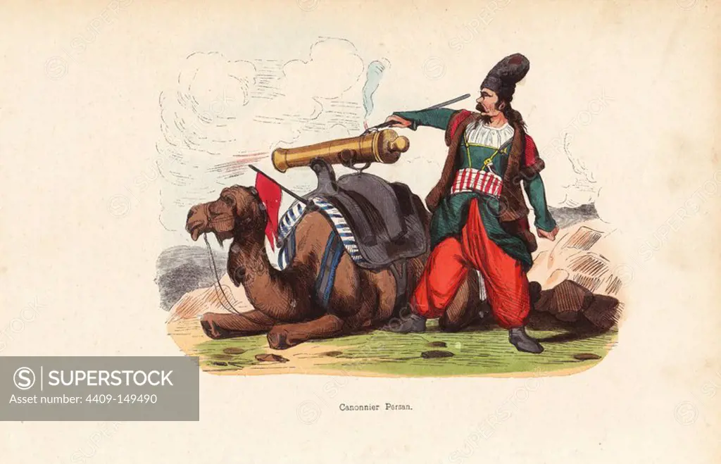 Persian bombardier or artillery man in fur hat, fur-lined jacket over pantalons, firing a cannon mounted on a saddle on a camel. Handcoloured woodcut after an illustration by H. Hendrickx from Auguste Wahlen's "Moeurs, Usages et Costumes de tous les Peuples du Monde," Librairie Historique-Artistique, Brussels, 1845. Wahlen was the pseudonym of Jean-Francois-Nicolas Loumyer (1801-1875), a writer and archivist with the Heraldic Department of Belgium.