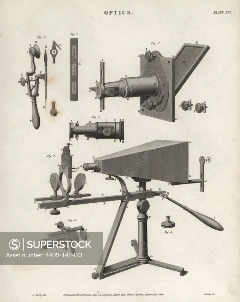 Optical equipment of the 18th century. Copperplate engraving by Wilson Lowry after a drawing by J. Farey from Abraham Rees' Cyclopedia or Universal Dictionary of Arts, Sciences and Literature, Longman, Hurst, Rees, Orme and Brown, London, 1820.