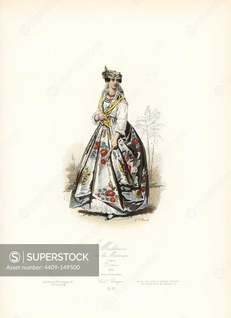 Mixed-race woman of Martinique, 1865. Handcoloured steel engraving by Polydor Pauquet from the Pauquet Brothers' "Modes et Costumes Etrangers Anciens et Modernes" (Foreign Fashions and Costumes Ancient and Modern), Paris, 1865. Hippolyte (b. 1797) and Polydor Pauquet (b. 1799) ran a successful publishing house in Paris in the 19th century, specializing in illustrated books on costume, birds, butterflies, anatomy and natural history.