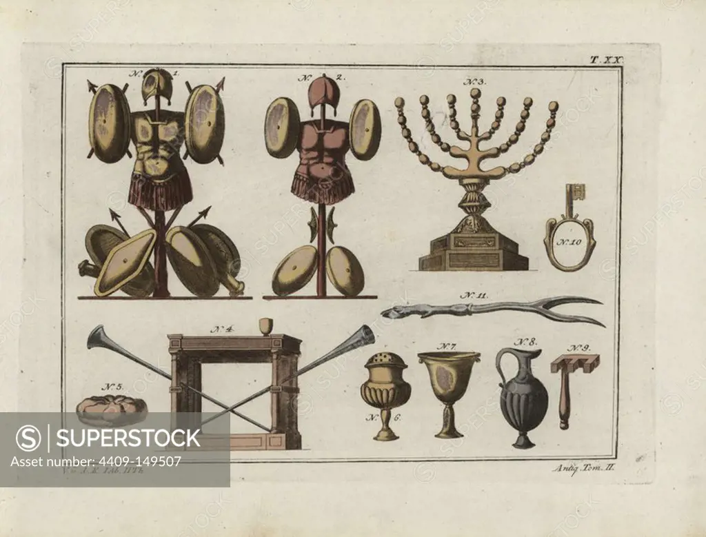 Hebrew helmets, chandelier, table, bread, vases, keys and antique fork. Handcoloured copperplate engraving from Robert von Spalart's "Historical Picture of the Costumes of the Principal People of Antiquity and of the Middle Ages," Chez Collignon, Metz, 1810.