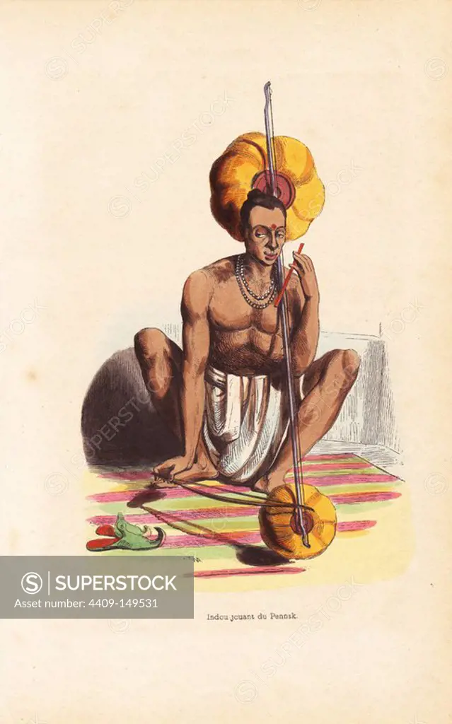 Indian musician in dhoti and necklace playing the pennak, a bowed instrument with gourd resonators. Handcoloured woodcut from Auguste Wahlen's "Moeurs, Usages et Costumes de tous les Peuples du Monde," Librairie Historique-Artistique, Brussels, 1845. Wahlen was the pseudonym of Jean-Francois-Nicolas Loumyer (1801-1875), a writer and archivist with the Heraldic Department of Belgium.