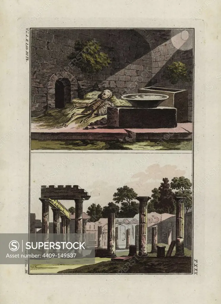 Underground vault near Pompeii, and courtyard in a Roman house. Handcoloured copperplate engraving from Robert von Spalart's "Historical Picture of the Costumes of the Principal People of Antiquity and of the Middle Ages," Chez Collignon, Metz, 1810.