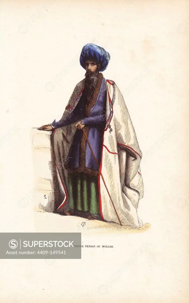Persian mullah or priest in turban, embroidered cape, fur-lined coat, slippers, carrying a stick. Handcoloured woodcut by S.T. after an illustration by S.B. from Auguste Wahlen's "Moeurs, Usages et Costumes de tous les Peuples du Monde," Librairie Historique-Artistique, Brussels, 1845. Wahlen was the pseudonym of Jean-Francois-Nicolas Loumyer (1801-1875), a writer and archivist with the Heraldic Department of Belgium.