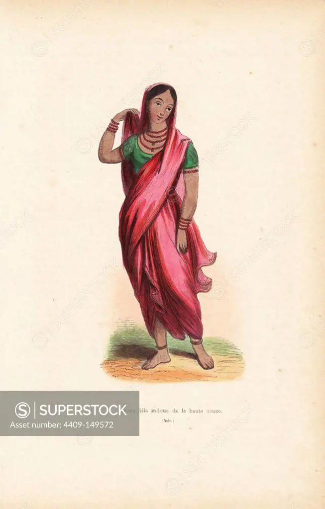 Young Indian noble girl in sari, choli (bodice) and veil with bracelets and necklaces. Handcoloured woodcut from Auguste Wahlen's "Moeurs, Usages et Costumes de tous les Peuples du Monde," Librairie Historique-Artistique, Brussels, 1845. Wahlen was the pseudonym of Jean-Francois-Nicolas Loumyer (1801-1875), a writer and archivist with the Heraldic Department of Belgium.