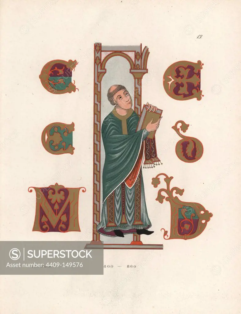 Ninth century priest from a Caroligian gospel on parchment from Darmstadt Ducal Library. Chromolithograph from Hefner-Alteneck's "Costumes, Artworks and Appliances from the Middle Ages to the 17th Century," Frankfurt, 1879. Illustration by Dr. Jakob Heinrich von Hefner-Alteneck, lithographed by Joh. Klipphahn, and published by Heinrich Keller. Dr. Hefner-Alteneck (1811 - 1903) was a German museum curator, archaeologist, art historian, illustrator and etcher.