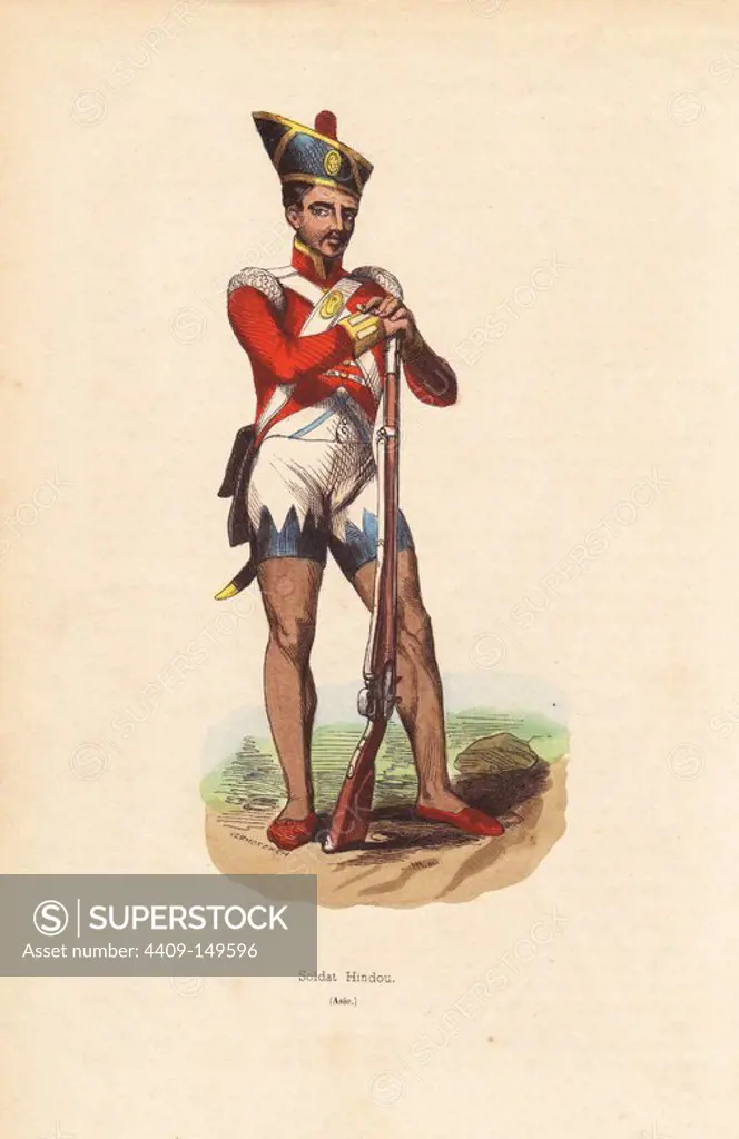 Indian sepoy (soldier) of the Bengal Army in helmet, jacket with epaulettes, shorts and slippers, carrying a musket and sword. Handcoloured woodcut by Vermorcken after an illustration by H. Hendrickx from Auguste Wahlen's "Moeurs, Usages et Costumes de tous les Peuples du Monde," Librairie Historique-Artistique, Brussels, 1845. Wahlen was the pseudonym of Jean-Francois-Nicolas Loumyer (1801-1875), a writer and archivist with the Heraldic Department of Belgium. Illustration adapted from George Fitzclarence's "Journal of a Route across India," 1819.