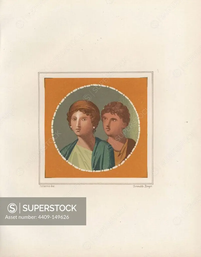 Portrait of a man and woman from an unidentified house in Pompeii. Illustration drawn by Discanno and lithographed by Victor Steeger from Emile Presuhn's "Choix des plus Belles et Interessantes Peintures de Pompei," Weigel, Leipzig, 1882. German archeologist Presuhn (1844-1881) lived in Italy for eight years and, with Mr. Discanno, made exact copies of many wall paintings that are now lost.