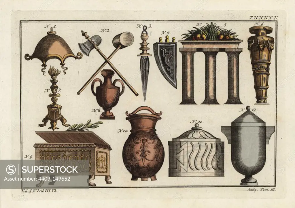 Bonnet of a Roman high-priest, sacrificial axe, throat-cutting knife, sacrificial knives in a belt, Roman altar, vases, candelabra, incense box and urns. Handcoloured copperplate engraving from Robert von Spalart's "Historical Picture of the Costumes of the Principal People of Antiquity and of the Middle Ages," Chez Collignon, Metz, 1810.