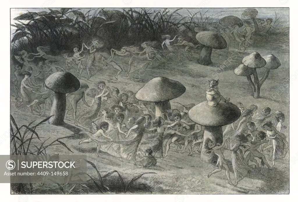 Elves and fairies dancing among the toadstools in the moonlight. Handcoloured woodblock print by Edmund Evans after an illustration by Richard Doyle from In Fairyland, a series of Pictures from the Elf World, Longman, London, 1870.