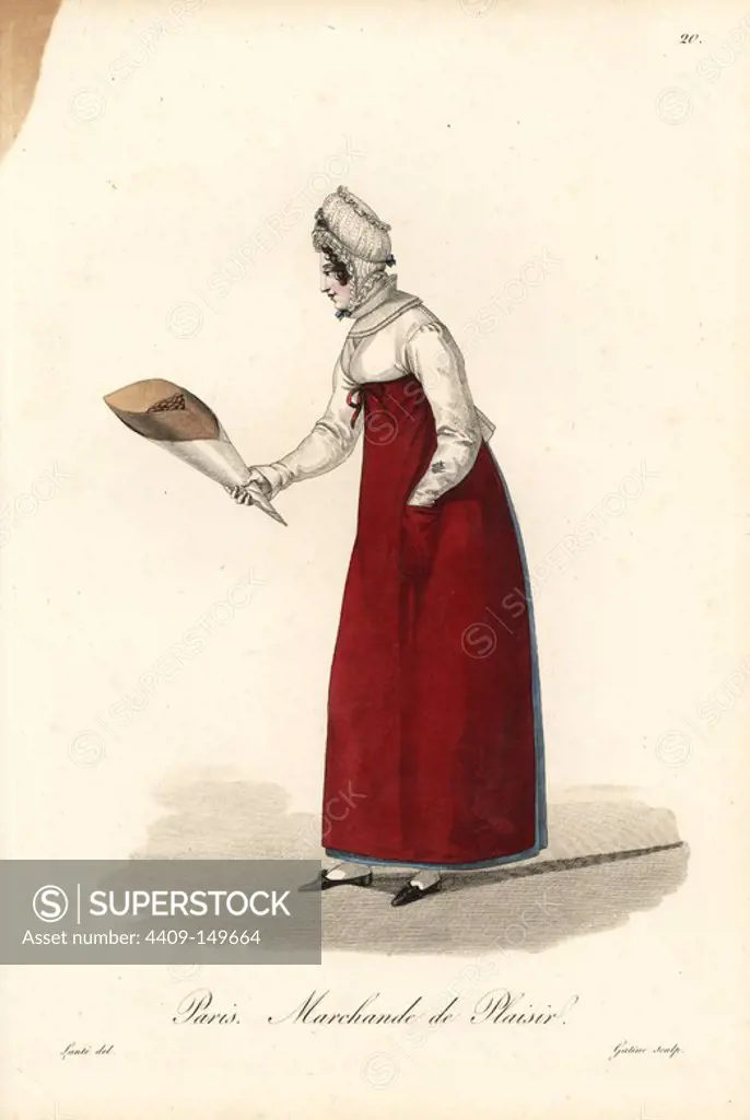 Biscuit or cookie seller, Paris, early 19th century, in white bodice and bonnet, over blue petticoat and scarlet apron. Handcoloured copperplate engraving by Gatine after an illustration by Louis-Marie Lante from "Ouvrieres de Paris" (Tradeswomen of Paris), Paris, 1823.