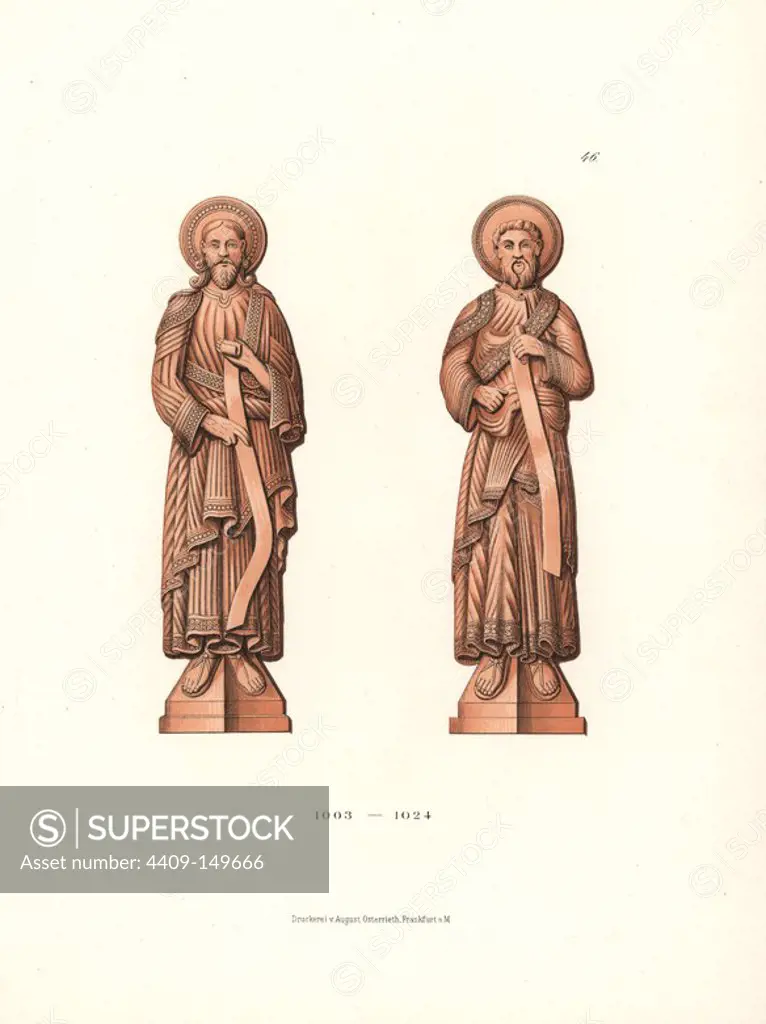 Two of the four red sandstone statues of the gospel writers in St. Gallus portal of Basel Minster, 1003-1024. Chromolithograph from Hefner-Alteneck's "Costumes, Artworks and Appliances from the Middle Ages to the 17th Century," Frankfurt, 1879. Hefner-Alteneck (1811 - 1903) was a German museum curator, archaeologist, art historian, illustrator and etcher.