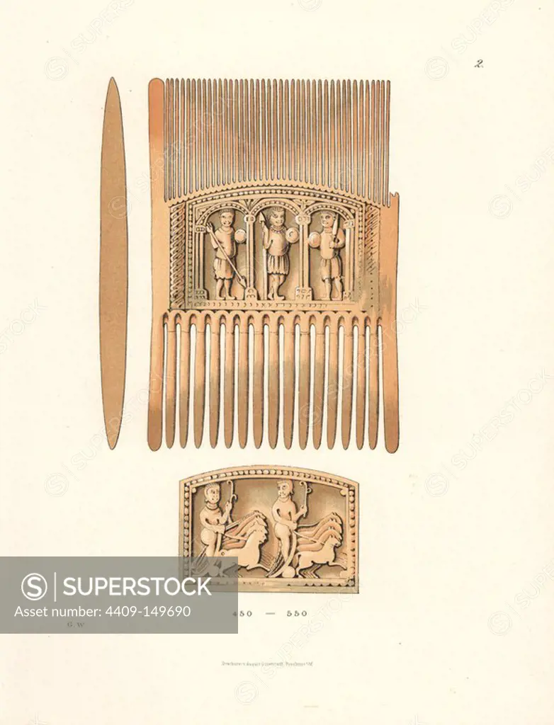 Comb of St. Hildegard with carved scene of a Roman chariot race and three armed men with shields, swords and spears from 450-550AD. Chromolithograph from Hefner-Alteneck's "Costumes, Artworks and Appliances from the Middle Ages to the 17th Century," Frankfurt, 1879. Illustration by Dr. Jakob Heinrich von Hefner-Alteneck, lithographed by G.W., and published by Heinrich Keller. Dr. Hefner-Alteneck (1811 - 1903) was a German museum curator, archaeologist, art historian, illustrator and etcher.