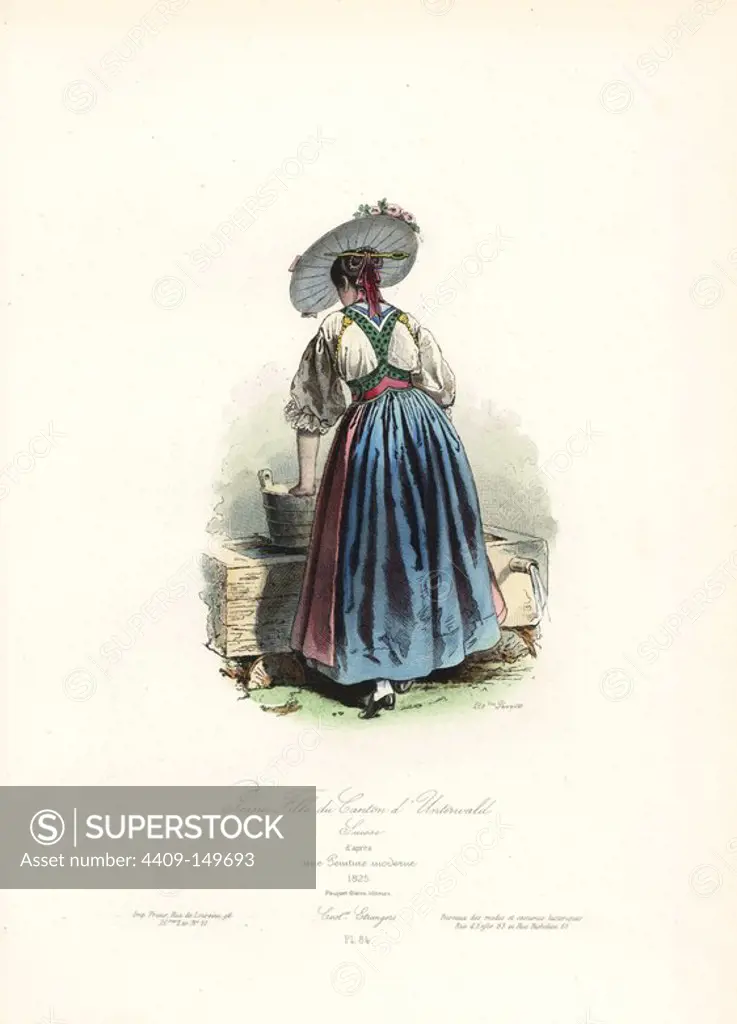 Young girl from the Canton of Unterwalden, Switzerland, 1825. Handcoloured steel engraving by Polydor Pauquet from the Pauquet Brothers' "Modes et Costumes Etrangers Anciens et Modernes" (Foreign Fashions and Costumes Ancient and Modern), Paris, 1865. Hippolyte (b. 1797) and Polydor Pauquet (b. 1799) ran a successful publishing house in Paris in the 19th century, specializing in illustrated books on costume, birds, butterflies, anatomy and natural history.