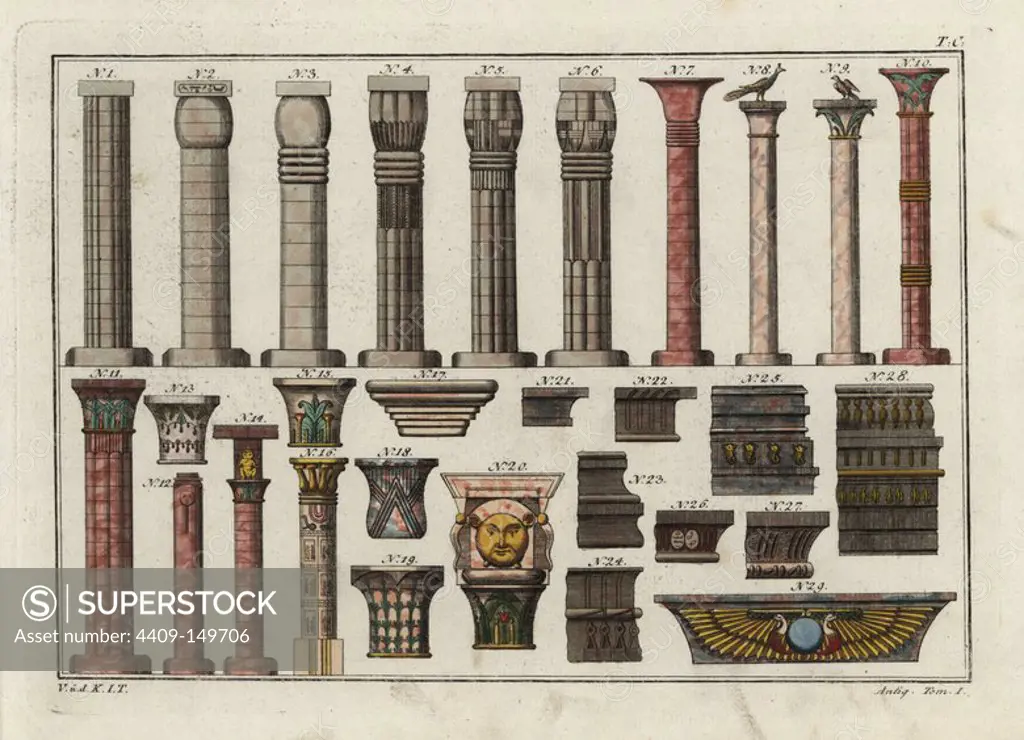 Egyptian columns (1-12, 16) from Luxor (2, 5) and Karnak (3, 6), and capitals (13-20), cornices (21-28) and door ornament (29). Handcolored copperplate engraving from Robert von Spalart's "Historical Picture of the Costumes of the Principal People of Antiquity and of the Middle Ages" Metz, 1810.