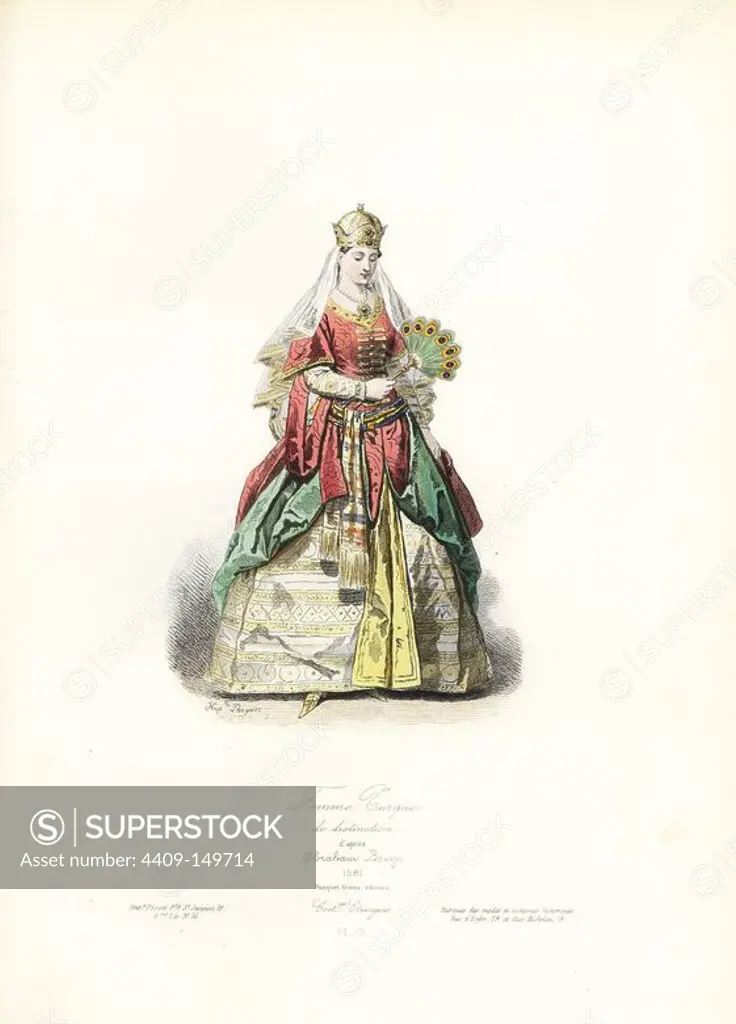 Turkish woman of distinction, after Abraham de Bruyn, 1581. Handcoloured steel engraving by Hippolyte Pauquet from the Pauquet Brothers' "Modes et Costumes Etrangers Anciens et Modernes" (Foreign Fashions and Costumes Ancient and Modern), Paris, 1865. Hippolyte (b. 1797) and Polydor Pauquet (b. 1799) ran a successful publishing house in Paris in the 19th century, specializing in illustrated books on costume, birds, butterflies, anatomy and natural history.