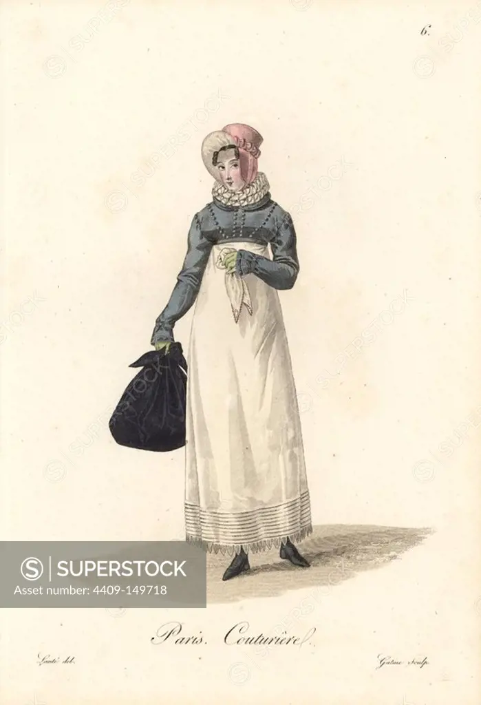 Dressmaker, Paris, early 19th century, in bonnet, lace collar, dress and apron, carrying a bag of fabric. Handcoloured copperplate engraving by Gatine after an illustration by Louis-Marie Lante from "Ouvrieres de Paris" (Tradeswomen of Paris), Paris, 1823.